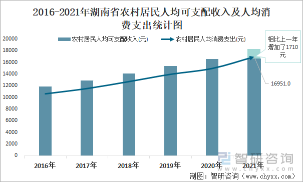 2016-2021年湖南省农村居民人均可支配收入及人均消费支出统计图