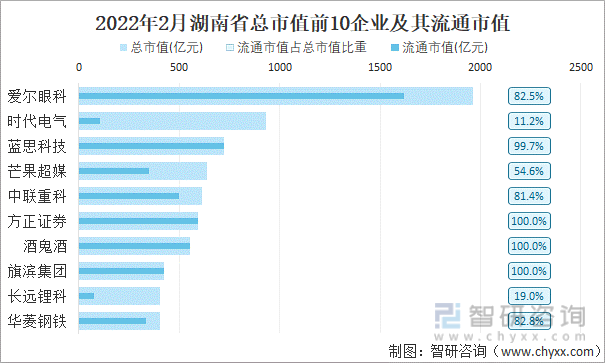 2022年2月湖南省A股上市总市值前10强企业及其流通市值
