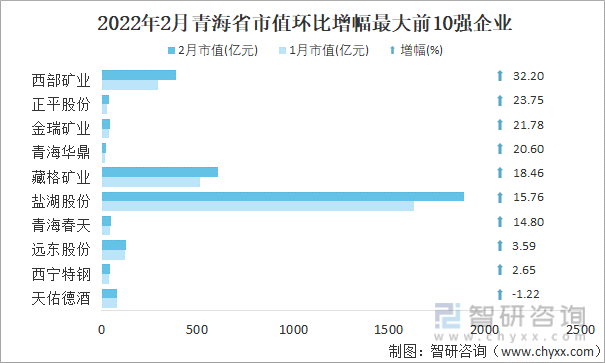 2022年2月青海省A股上市企业市值环比增幅最大前10强企业