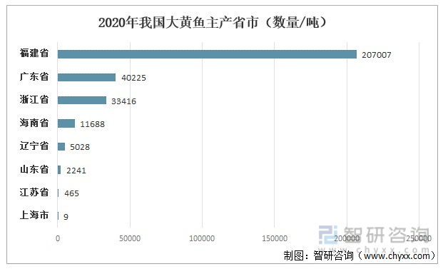 2020年中国各省市大黄鱼产量