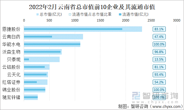2022年2月云南省A股上市总市值前10强企业及其流通市值