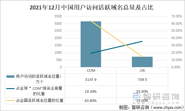2021年12月中国用户访问活跃域名总量及占比