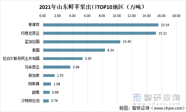 2021年山东鲜苹果出口TOP10地区（万吨）