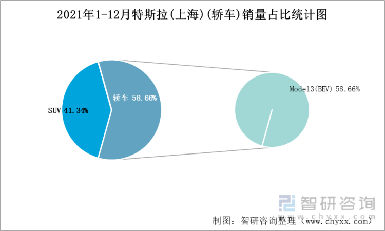 2021年1-12月特斯拉(上海)(轿车)销量占比统计图