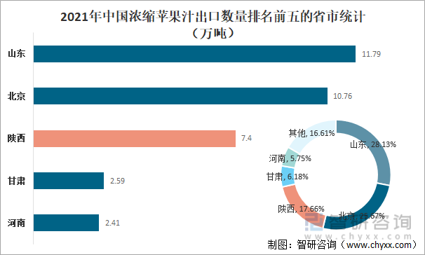 2021年中国浓缩苹果汁出口数量排名前五的省市统计（万吨）
