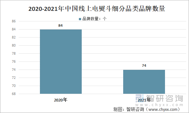 2020-2021年中国线上电熨斗细分品类品牌数量
