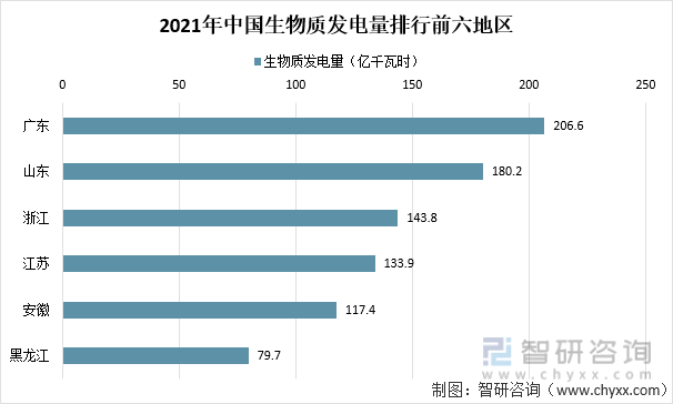 2021年中国生物质发电量排行前六地区