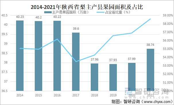 2014-2021年陕西省梨主产县果园面积及占比