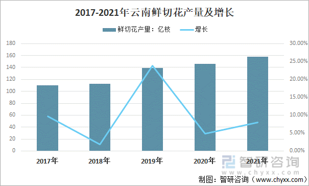 2017-2021年云南鲜切花产量及增长