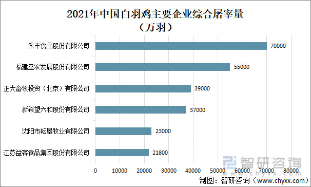 2021年中国白羽鸡主要企业综合屠宰量