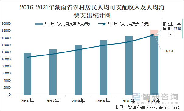 2016-2021年湖南省农村居民人均可支配收入及人均消费支出统计图