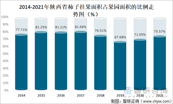 2014-2021年陕西省柿子挂果面积占果园面积的比例走势图