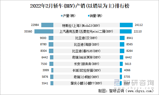 2022年2月轿车(BEV)产销(以销量为主)排行榜