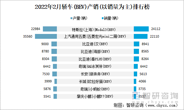 2022年2月轿车(BEV)产销(以销量为主)排行榜