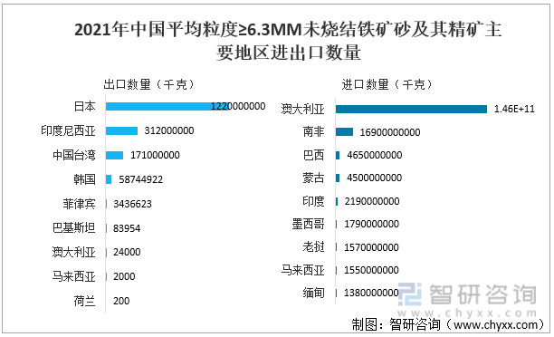 2021年中国平均粒度≥6.3MM未烧结铁矿砂及其精矿主要地区进出口数量