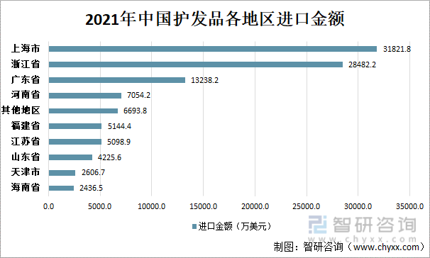2021年中国护发品各地区进口金额