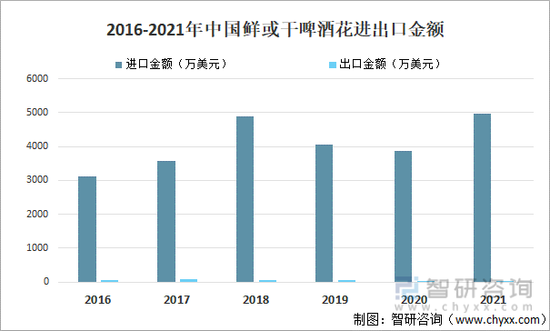 2016-2021年中国鲜或干啤酒花进出口金额