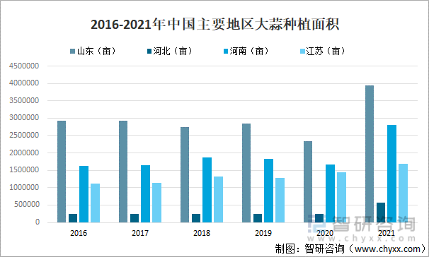 2016-2021年中国主要地区大蒜种植面积