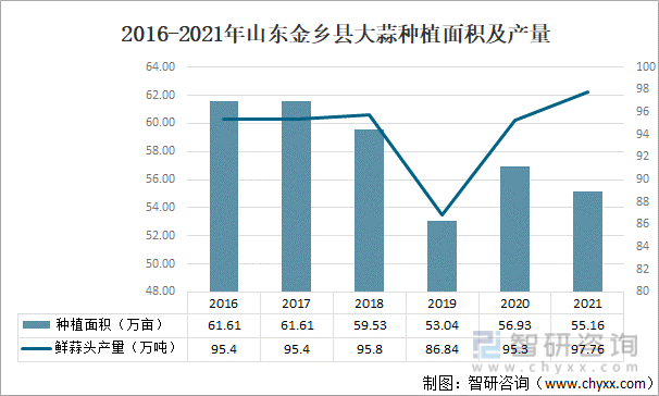 2016-2021年山东金乡县大蒜种植面积及产量