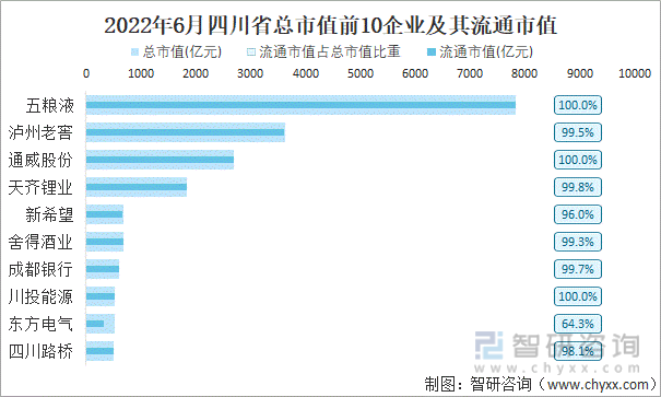 2022年6月四川省A股上市总市值前10强企业及其流通市值