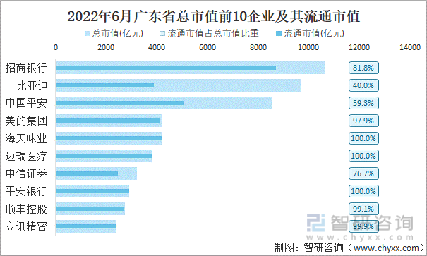 2022年6月广东省A股上市总市值前10强企业及其流通市值