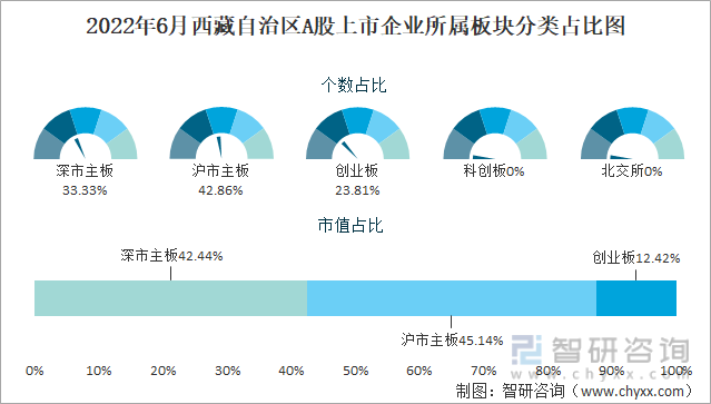 2022年6月西藏自治区A股上市企业所属板块分类占比图