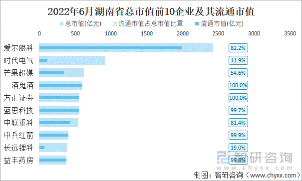 2022年6月湖南省A股上市总市值前10强企业及其流通市值