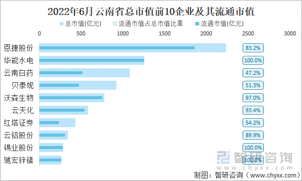 2022年6月云南省A股上市总市值前10强企业及其流通市值