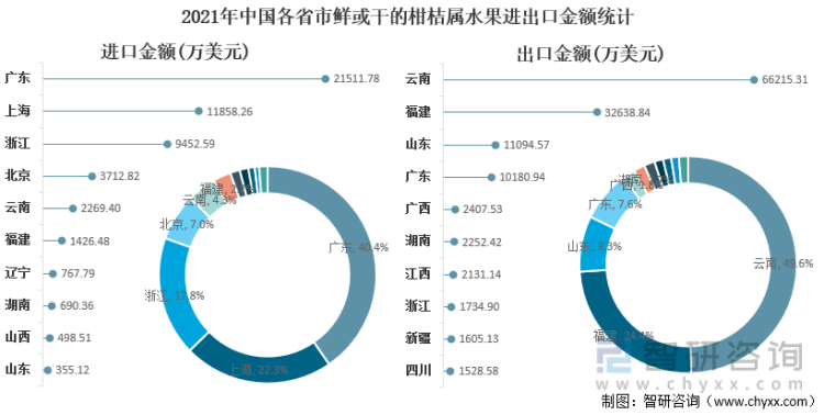 2021年中國各省市鮮或干的柑桔屬水果進出口金額統計
