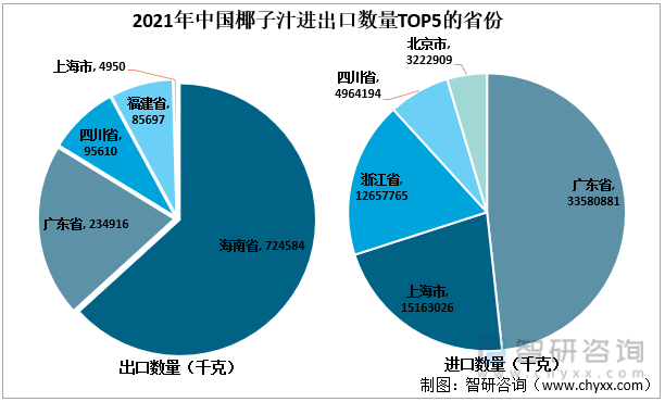 2021年中国椰子汁进出口数量TOP5的省份