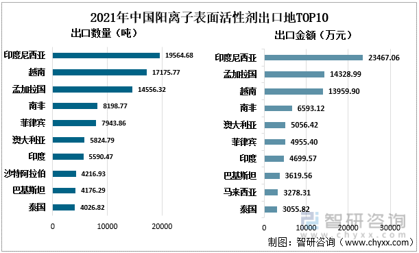 2021年中国阳离子表面活性剂出口地TOP10