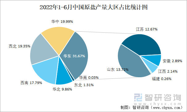 2022年1-6月中国原盐产量大区占比统计图