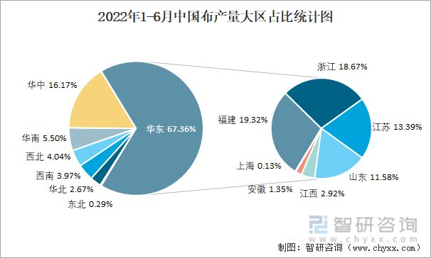2022年1-6月中国布产量大区占比统计图