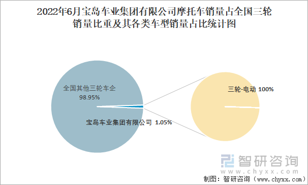2022年6月宝岛车业集团有限公司摩托车销量占全国三轮销量比重及其各类车型销量占比统计图