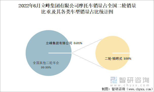 2022年6月立峰集團(tuán)有限公司摩托車銷量占全國(guó)二輪銷量比重及其各類車型銷量占比統(tǒng)計(jì)圖