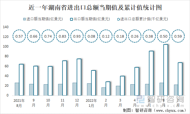 近一年湖南省进出口总额当期值及累计值统计图