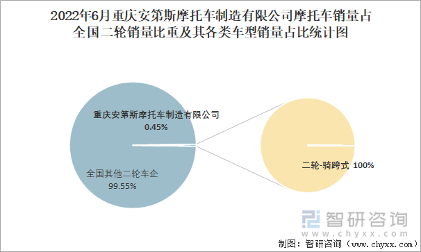 2022年6月重庆安第斯摩托车制造有限公司摩托车销量占全国二轮销量比重及其各类车型销量占比统计图