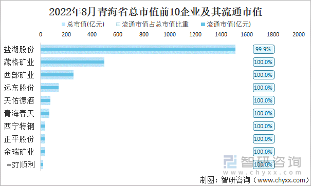 2022年8月青海省A股上市总市值前10强企业及其流通市值