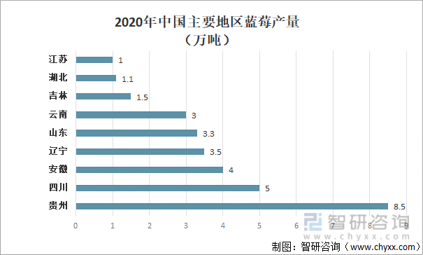 2020年中国主要地区蓝莓产量