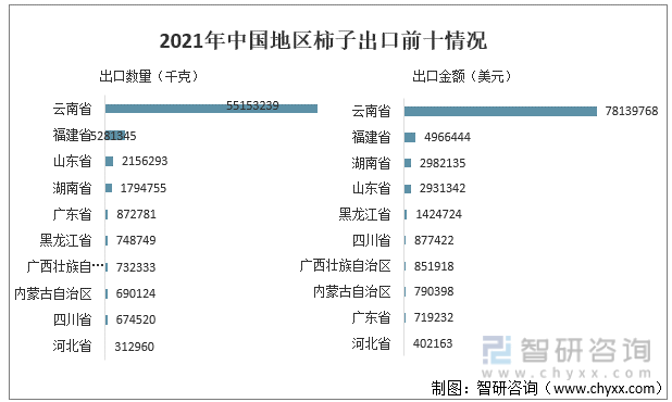 2021年中国地区柿子出口前十情况