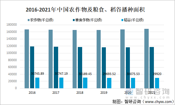 2016-2021年中國農作物及糧食、稻谷播種面積
