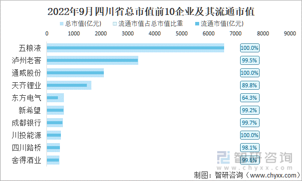 2022年9月四川省A股上市总市值前10强企业及其流通市值