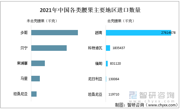2021年中国各类腰果主要地区进口数量