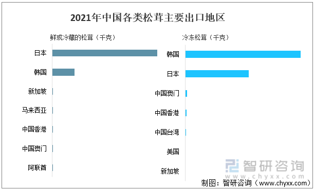 2021年中国各类松茸主要出口地区