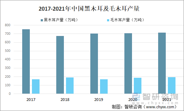 2017-2021年中国黑木耳及毛木耳产量