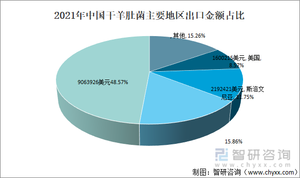 2021年中国干羊肚菌主要地区出口金额占比
