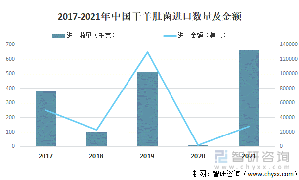 2017-2021年中国干羊肚菌进口数量及金额