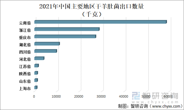 2021年中国主要地区干羊肚菌出口数量