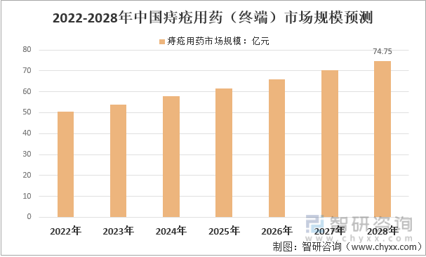 2022-2028年中國痔瘡用藥（終端）市場規模預測