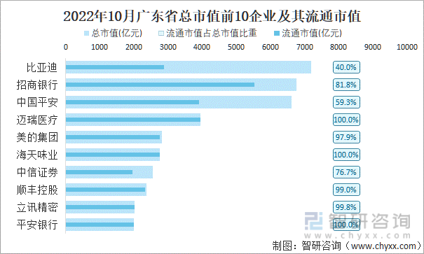 2022年10月广东省A股上市总市值前10强企业及其流通市值